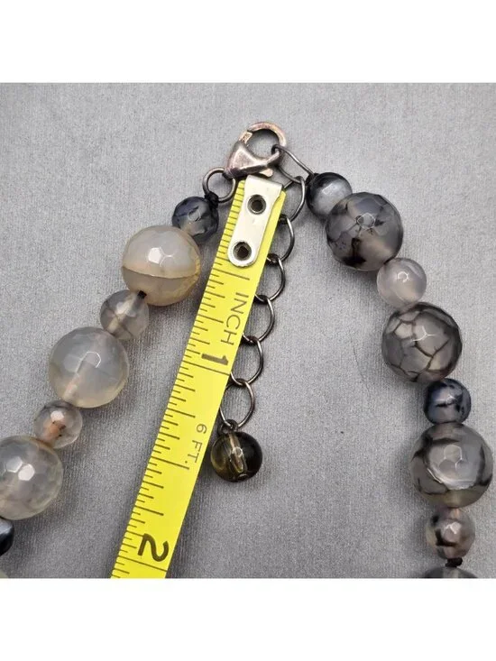 Multi-Strand Dragon Vein Agate Beaded Necklace 16" 925 Silver Clasp Undyed - Picture 8 of 13